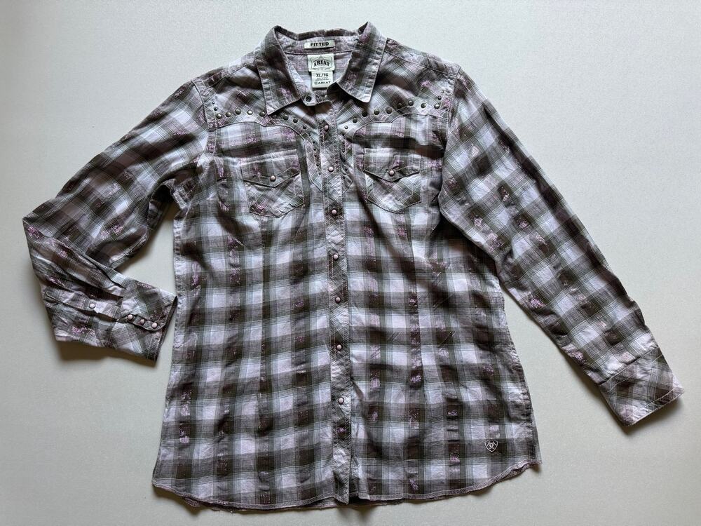 Ariat Women's Brown Pink Metallic Plaid Fitted Western Long Sleeve Shirt Size XL